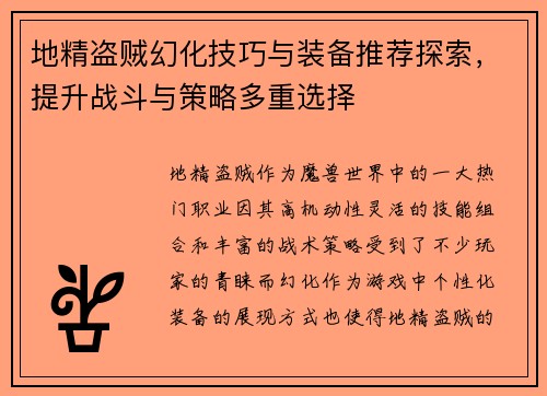 地精盗贼幻化技巧与装备推荐探索，提升战斗与策略多重选择